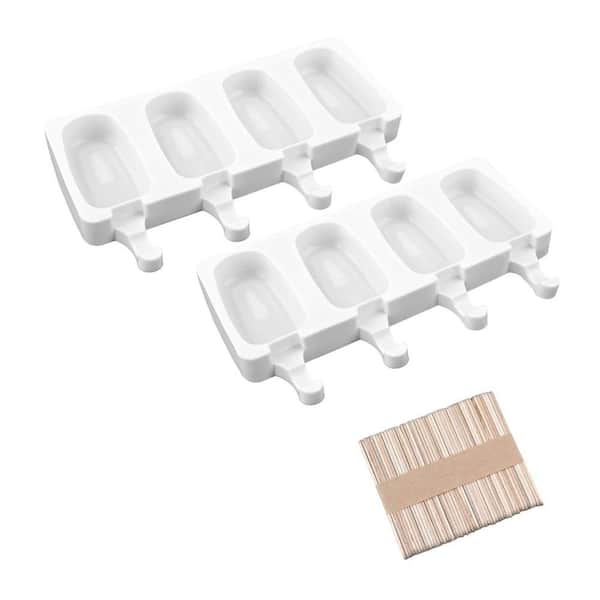 Mini Silicone Oval Popsicle Molds 4-Cavity Food Grade Nonstick Ice Cream Cake Pop Mold with Sticks White 2-Pack
