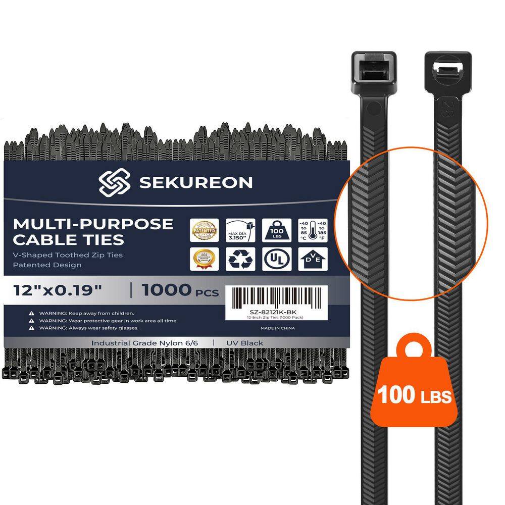 12 in. Zip Ties Double Sided Toothed 100 LBS Tensile Strength Heavy Duty Cable Wire Ties Nylon Tie Wraps Black 1000 Pack price history on PriceWatchPro