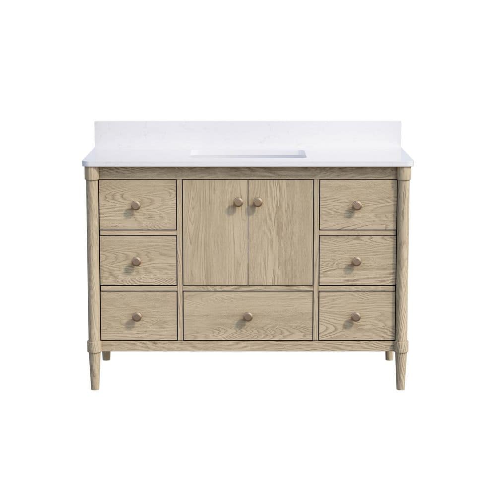 48 in. Oak Solid Wood Bath Vanity White Quartz Top, Single Sink, Soft-Close
