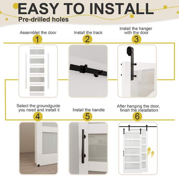 36 in. x 84 in. 5-Lite Tempered Frosted Glass White Primed MDF Finished Sliding Barn Door Slab with Hardware