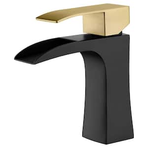 Waterfall Single Handle Single Hole Bathroom Faucet in Black and Gold