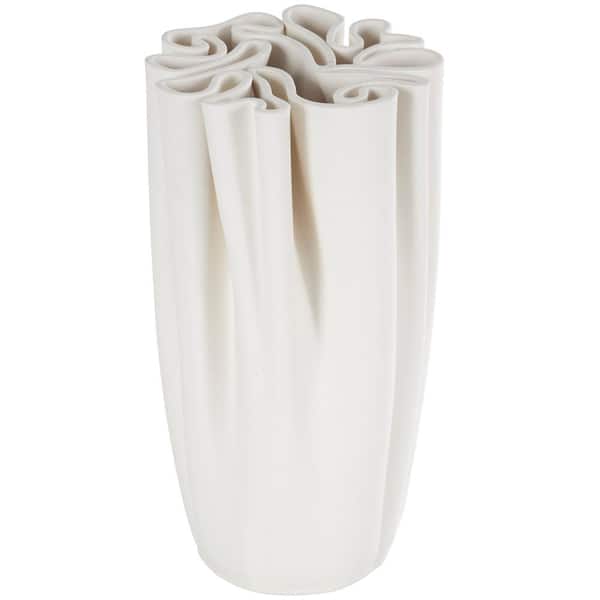 Litton Lane White Ribbed Dimensional Folded Ceramic Abstract Decorative Vase with Compact Wavy Rim
