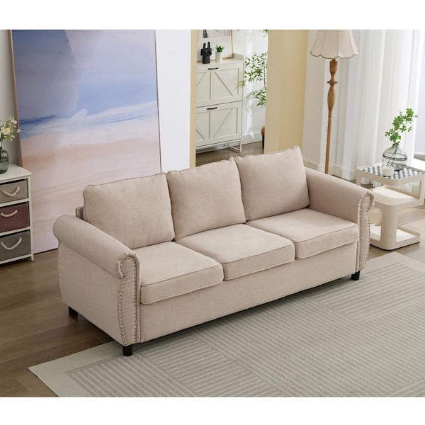 Kavric French 81.5 in. Beige Polyester Fabric Upholstered Queen Size 3 Seater Sofa Bed with Rivet Handrail