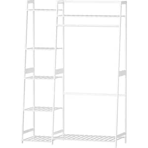 White Bamboo Freestanding Closet Organizer Storage Shelves Hanging Heavy Duty Clothes Rack with Shelves