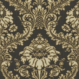 Traditional Damask Black/Gold Metallic Finish Vinyl on Non-woven Non-Pasted Wallpaper Roll