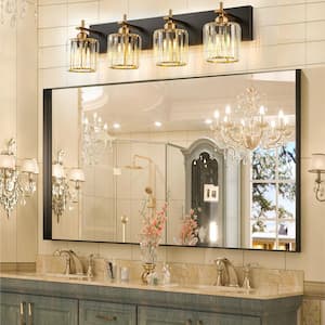 Orillia 28 in. 4-Light Black and Gold Bathroom Vanity Light with Crystal Shade Wall Sconce Over Mirror