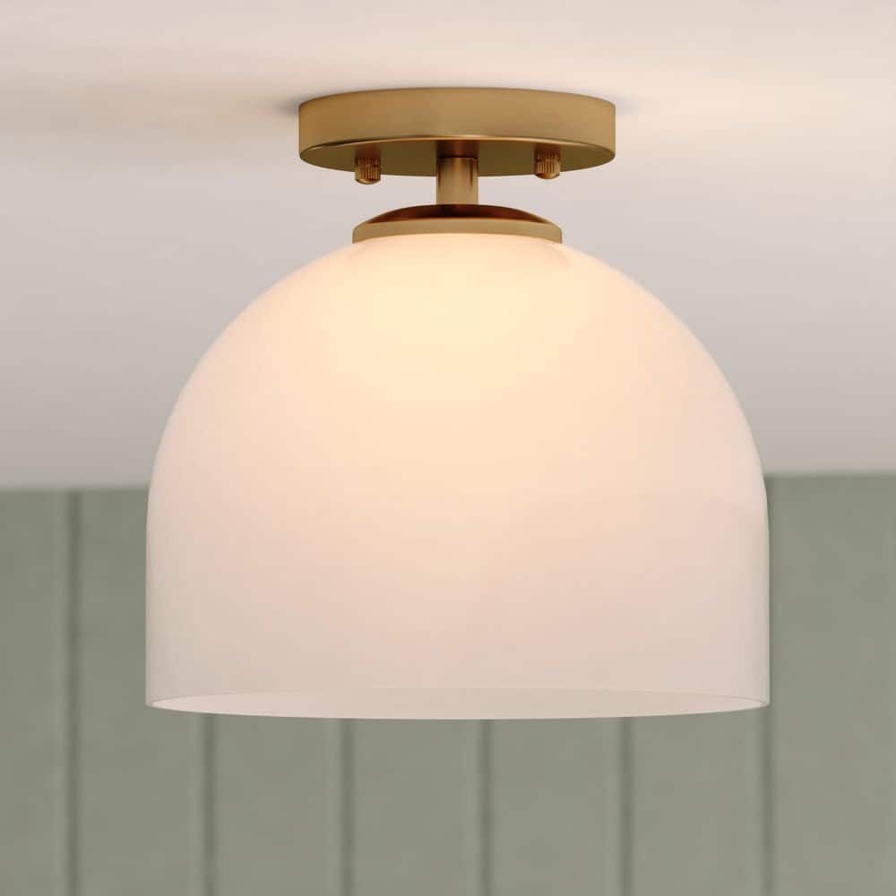 Shelby 9.25-Inch Brass and White Glass Semi-Flush Mount Light