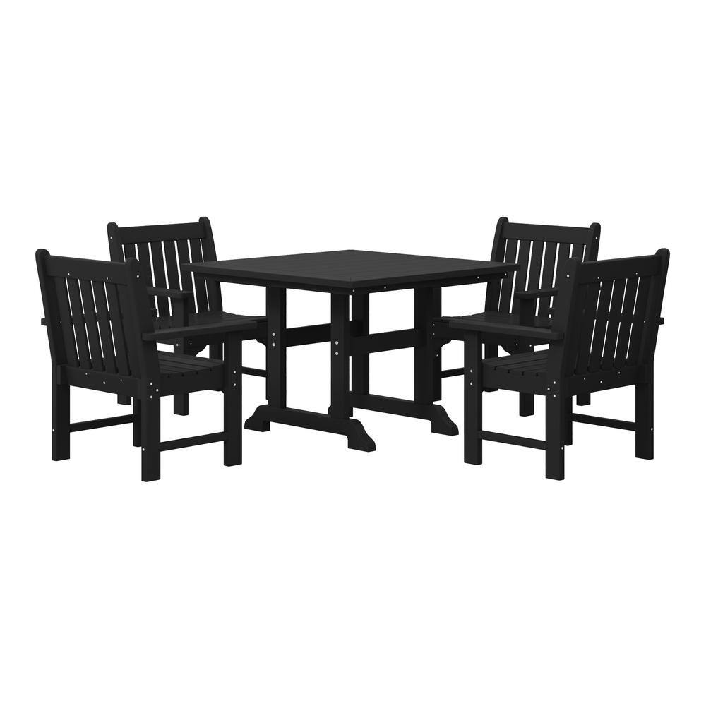 Laguna 5-Piece Outdoor Patio Poly Plastic Fade Resistant Garden Arm Chair and Square Trestle Table Dining Set in Black price history on PriceWatchPro