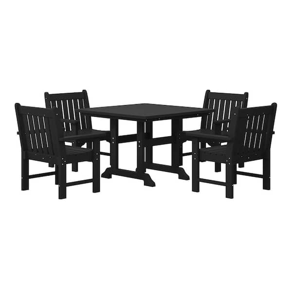 Laguna 5-Piece Outdoor Patio Poly Plastic Fade Resistant Garden Arm Chair and Square Trestle Table Dining Set in Black