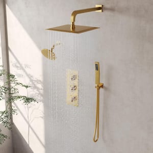 5-Spray Square 12 in. Rain Wall Mount Shower System with 6 in. Shower Head Handheld shower in Brushed Gold 2.5 GPM