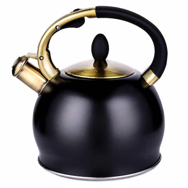 2.64 Quart Black Stainless Steel Stovetop Whistling Tea Kettle with Silicone Pinch Mitt