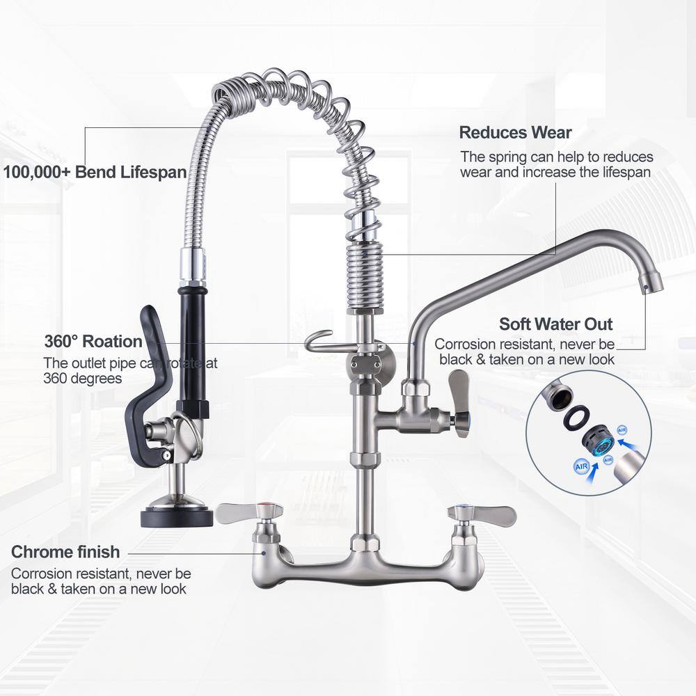 Brushed Nickel 21" Wall Mount Commercial Kitchen Faucet with Pull-out Spray