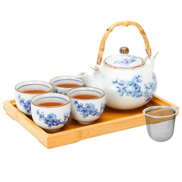Porcelain 4-Cup Blue and White Plum Blossom Japanese Tea Set with Bamboo Tray and Stainless-Steel Infuser