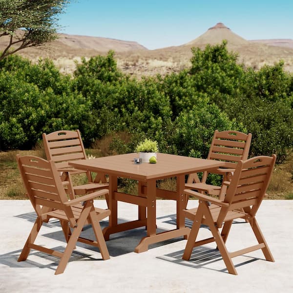 Laguna All Weather HDPE Plastic Outdoor 5-Piece Square Table Folding Highback Chairs Patio Dining Set, Teak