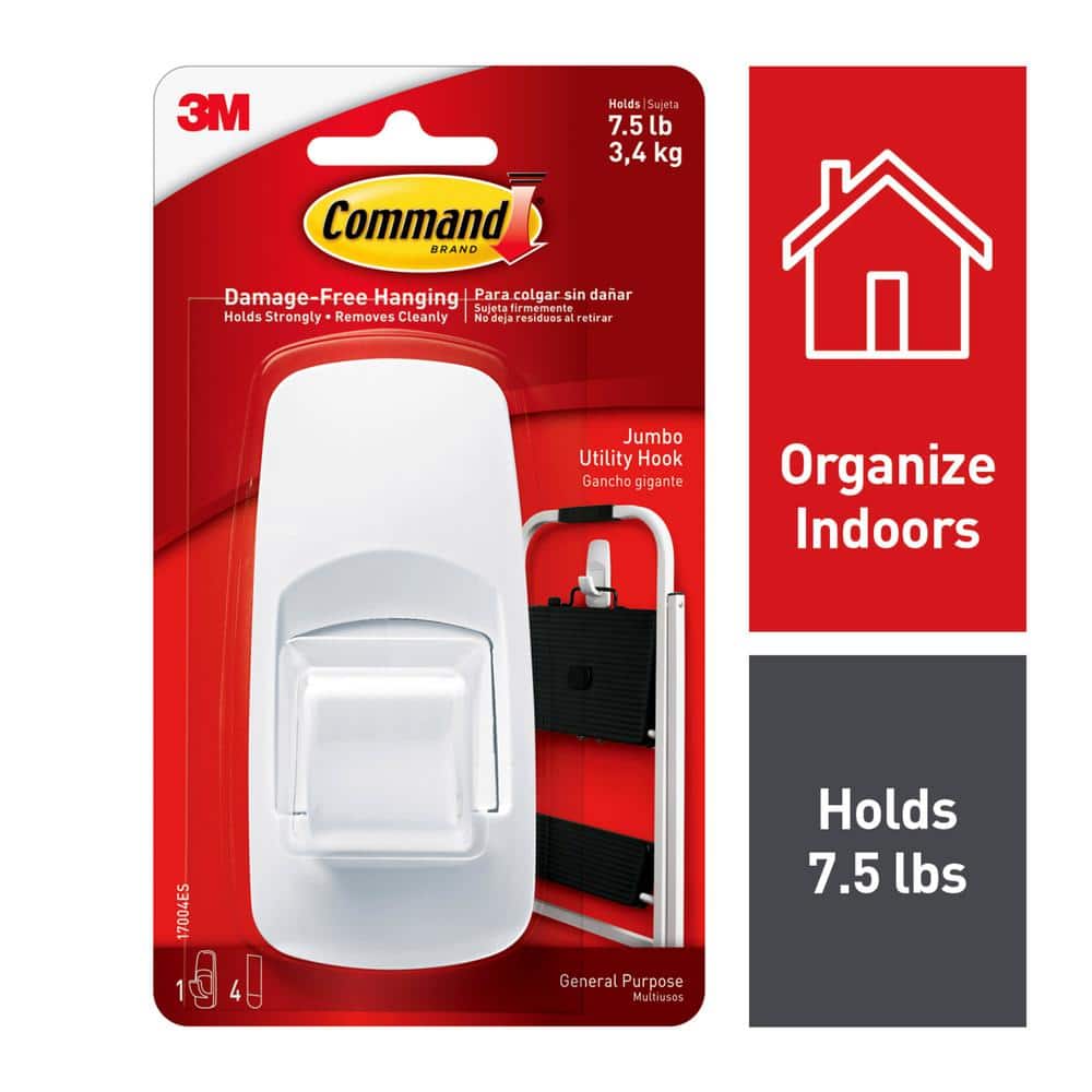 Indoor Use 4 hooks total Command 4-Packages of Utility Hook White 17004ES Jumbo Organize Damage-Free 