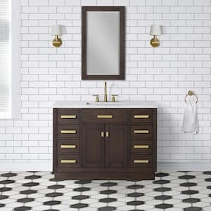 Chestnut 48 in. W x 21.5 in. D Vanity in Brown Oak with Marble Vanity Top in White with White Basin and Mirror