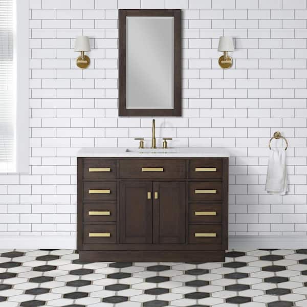 Water Creation Chestnut 48 in.W x 21.5 in.D x 34.2 in.H Single Sink Bath Vanity in Brown Oak with Carrara White Marble Top and Mirror