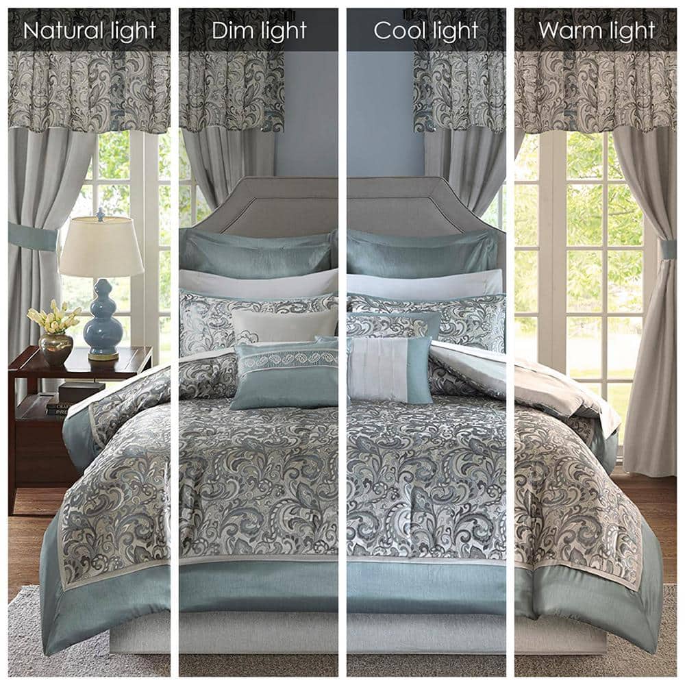 Teal and Gray Floral Motif California King Bedding Set
