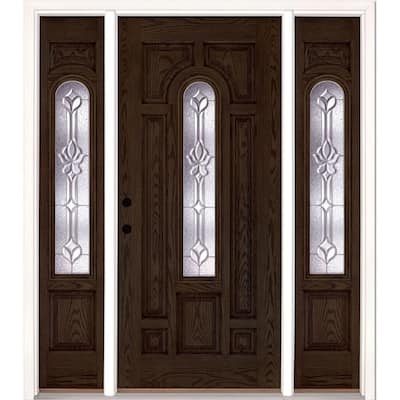 67.5 in.x81.625 in. Medina Zinc Center Arch Lt Stained Walnut Oak Right-Hand Fiberglass Prehung Front Door w/Sidelites