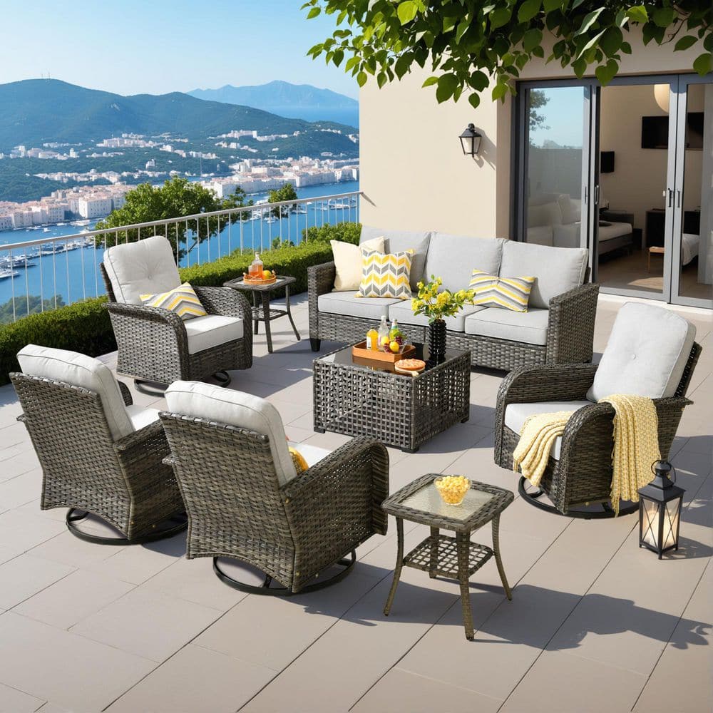 Neptune Gray 8-Piece Wicker Patio Conversation Seating Sofa Set with Gray Cushions and Swivel Rocking Chairs
