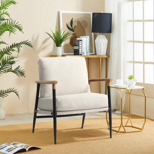 Uixe Mid-Century Modern Beige Cotton Fabric Upholstery Arm