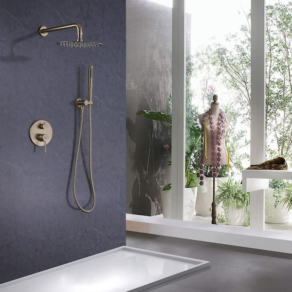 1-Spray Patterns with 1.8 GPM 10 in. Wall Mount Dual Shower Heads with Handheld Shower Head Set in Brushed Gold