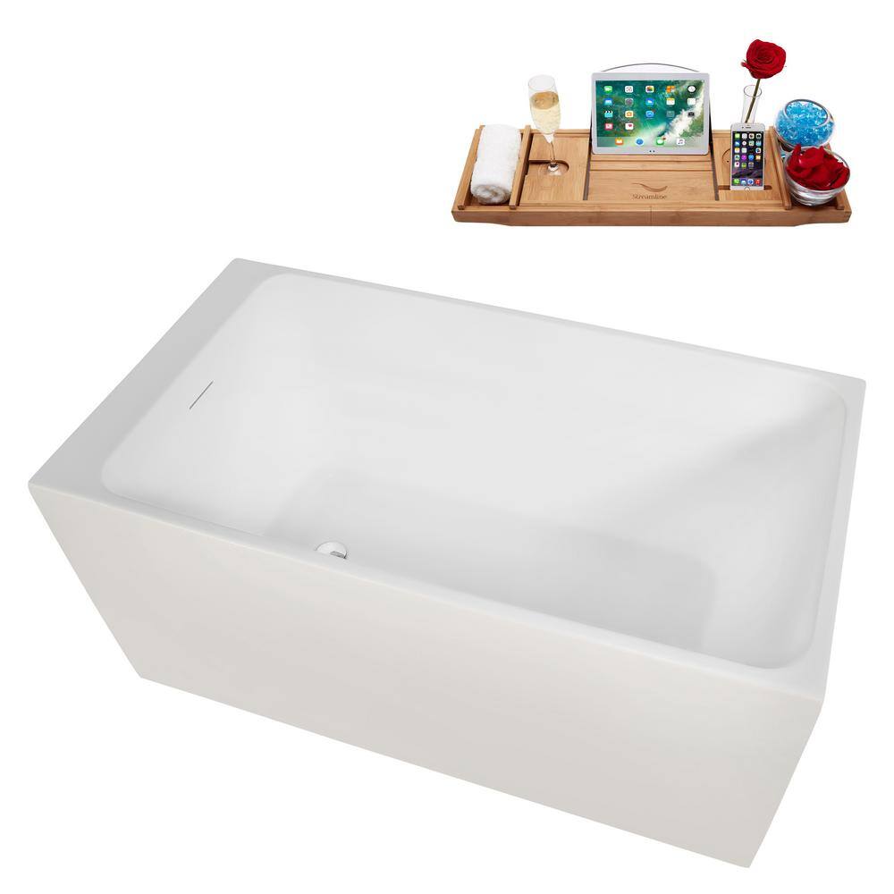 51" Glossy White Acrylic Freestanding Soaking Bathtub with Bamboo Tray