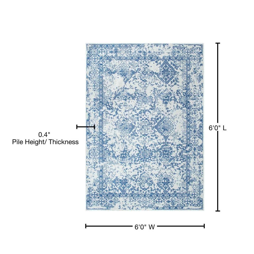 Light Blue Floral Reversible Square Synthetic Area Rug, 6'