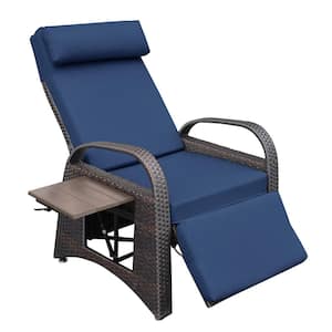 40.2 in. H PE Wicker Outdoor Recliner Adjustable Chair Removable Soft with Blue Cushions Modern Armchair and Ergonomic