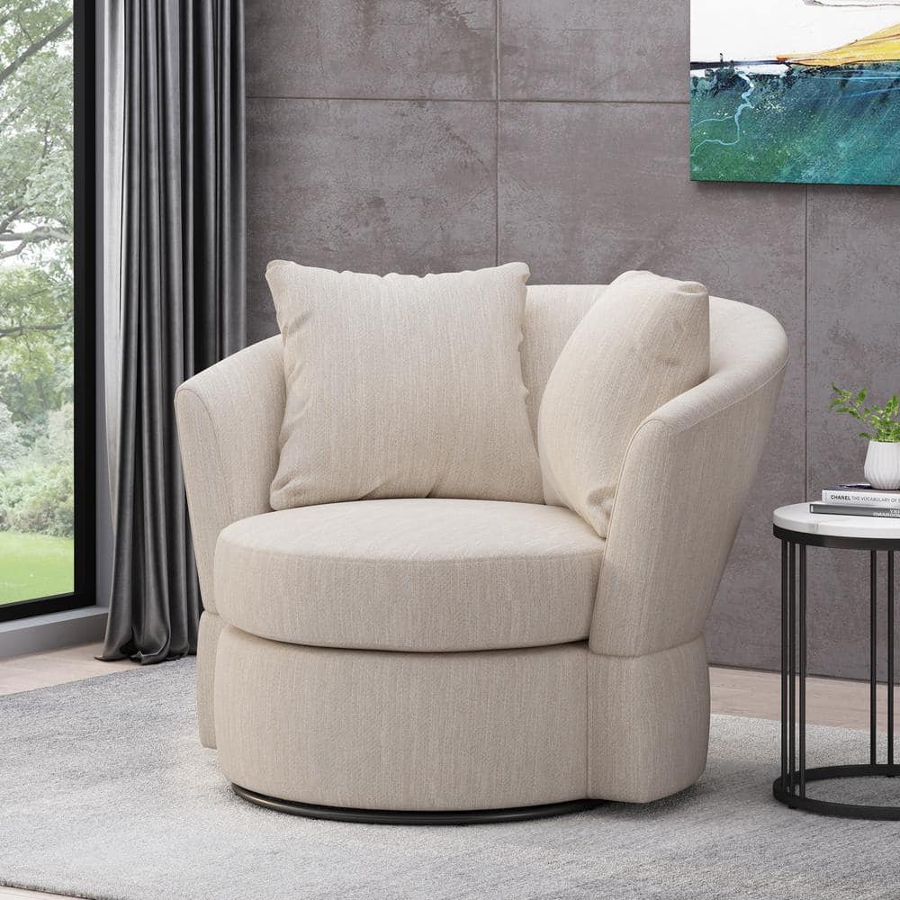 Beige Swivel Barrel Club Chair with Metal Base