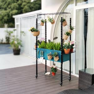 Blue Self-Watering Composite Mobile Elevated Planter with Arch Trellis and UnderShelf and Basket and Hook Set