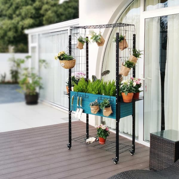 EverBloom Blue Self-Watering Composite Mobile Elevated Planter with Arch Trellis and UnderShelf and Basket and Hook Set