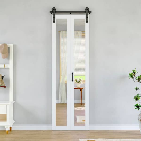 25 in. x 84 in. 1-Lite Mirrored Glass Solid Core White Finished Composite Bi-fold Door with Bifold Barn Door Hardware