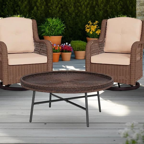 Maypex 29.9 in. Dia x 17.7 in. H Outdoor and Indoor Brown Color Wicker Round Coffee Table with Matte Black Metal Legs