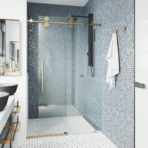 VIGO Elan 64 to 68 in. W x 74 in. H Sliding Frameless Shower Door in Matte Brushed Gold with 3/8 in. (10mm) Clear Glass