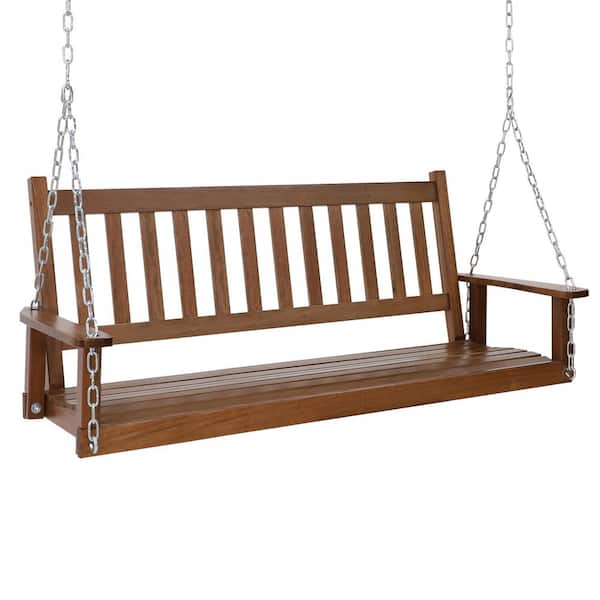 VEIKOUS 5 ft. Outdoor Wooden Patio Porch Swing with Chains and Curved Bench in Wood Color