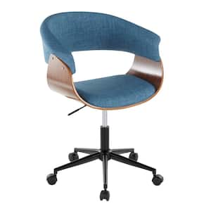 Vintage Mod Fabric Adjustable Height Office Chair in Blue Fabric, Walnut Wood and Black Metal with 5-Star Caster Base