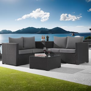 4-Piece Patio Wicker Sectional Sofa Set with Storage Box and Glass Coffee Table