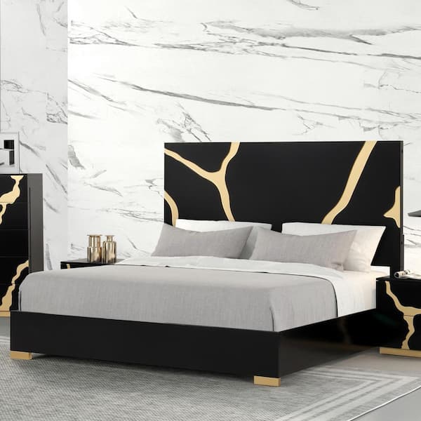 Furniture of America Rove Black Wood Frame Queen Platform Bed with Gold Accented Headboard