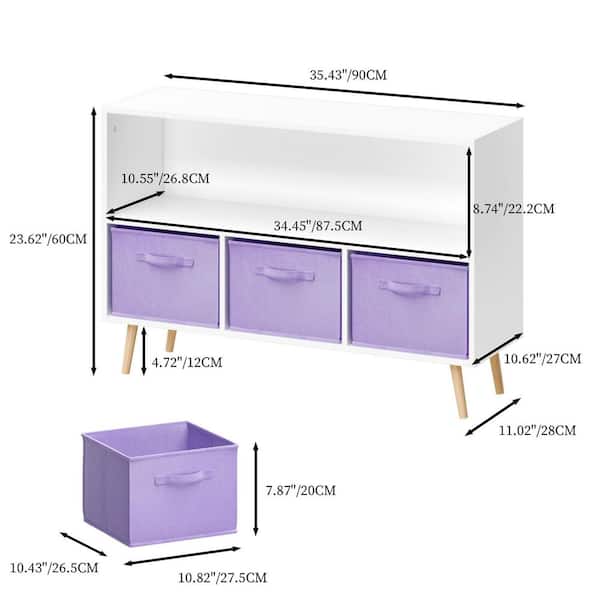 Naro 23.62 in. Tall White + Purple MDF Wood Freestanding Kids Bookcase with Fabric Drawers and Open Display Shelf