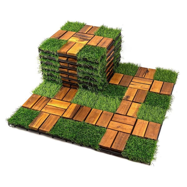 12 in. x 12 in. Acacia Wood Interlocking Deck Tile Tufted Grass 20-Pins, Brown, 10-Pack Covering 10 sq. ft.