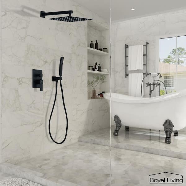 1-Spray Patterns with 2.5 GPM 12 in. Wall Mount Dual Shower Heads with Pressure Balance Valve in Matte Black