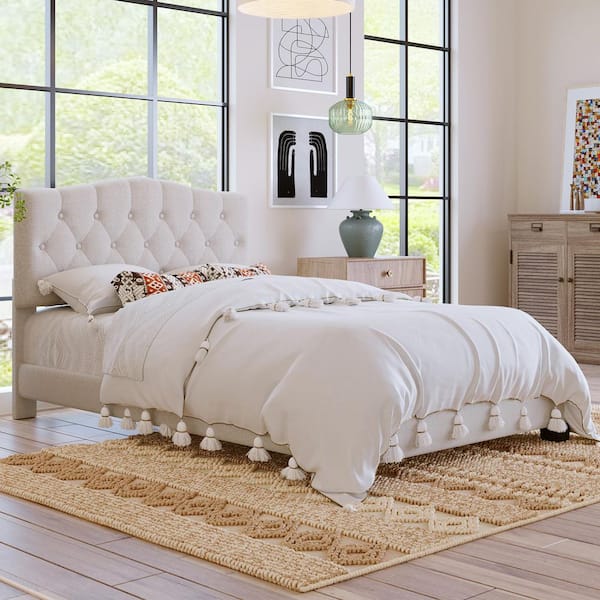 Zea Beige Wood Frame Full Size Upholstered Platform Bed with Saddle Curved Adjustable Headboard, Diamond Tufted Details