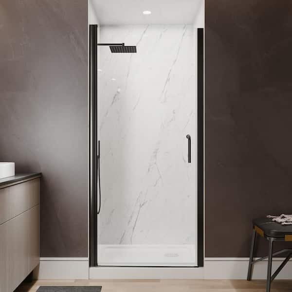 Victoria 34 to 36 in. W x 72 in. H Pivot Swing Frameless Shower Door in Matte Black with Clear Glass