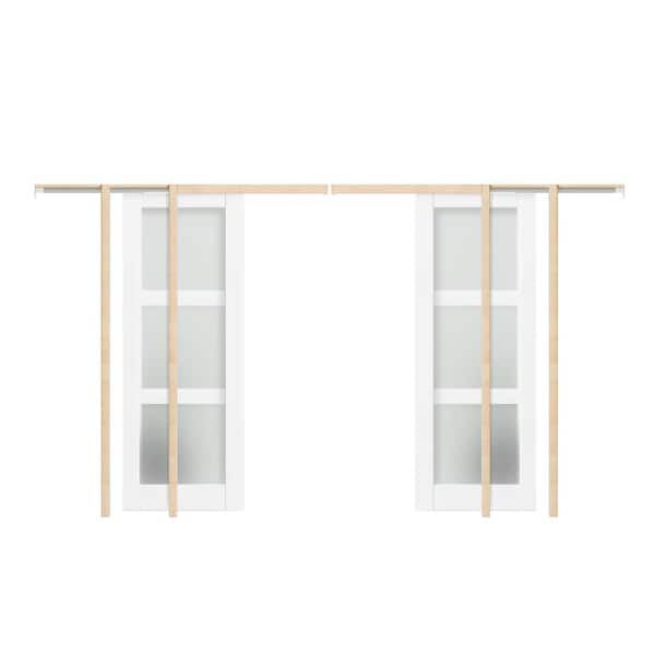 TENONER 60 in. x 80 in. (30 in. x 2 in.) 3-Lite Tempered Frosted Glass White MDF Wood Pocket Door with Frame and Hardware Kit