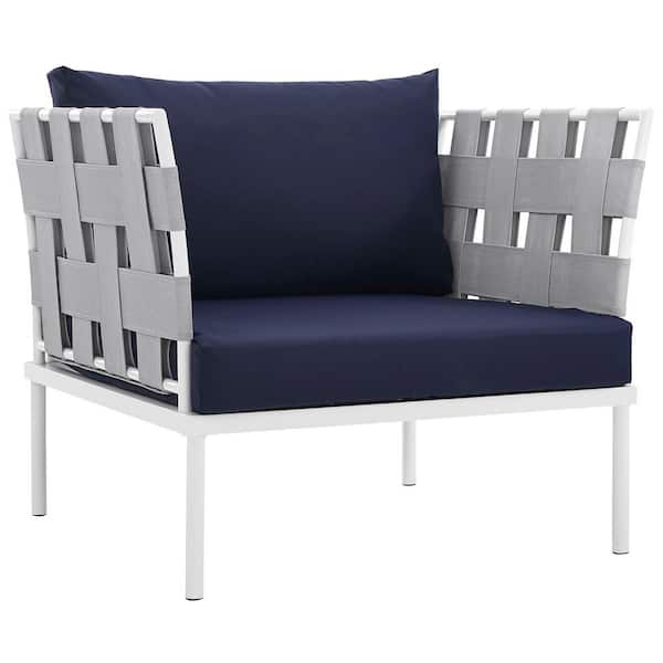 MODWAY Harmony Aluminum Outdoor Patio Lounge Chair in White with Navy Cushions