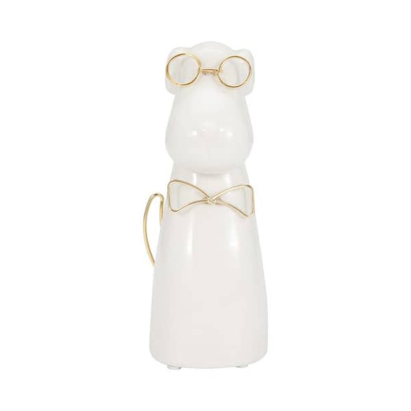 Liv & Skye White 4 in. x 7 in. Ceramic Puppy with Glasses Figurine
