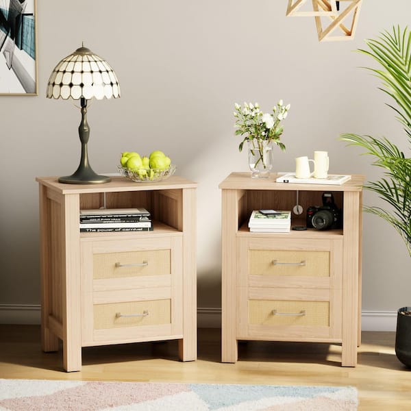 Rattan Nightstand with Charging Station, End Table with 2-Storage Drawers and 1-Open Shelf, for Bedroom, Natural