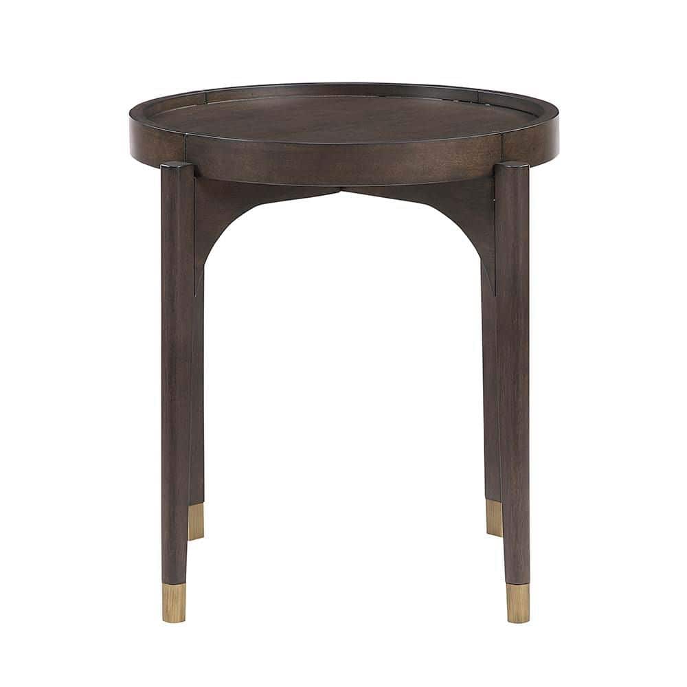 Front view of a dark brown round wood end table with gold legs.