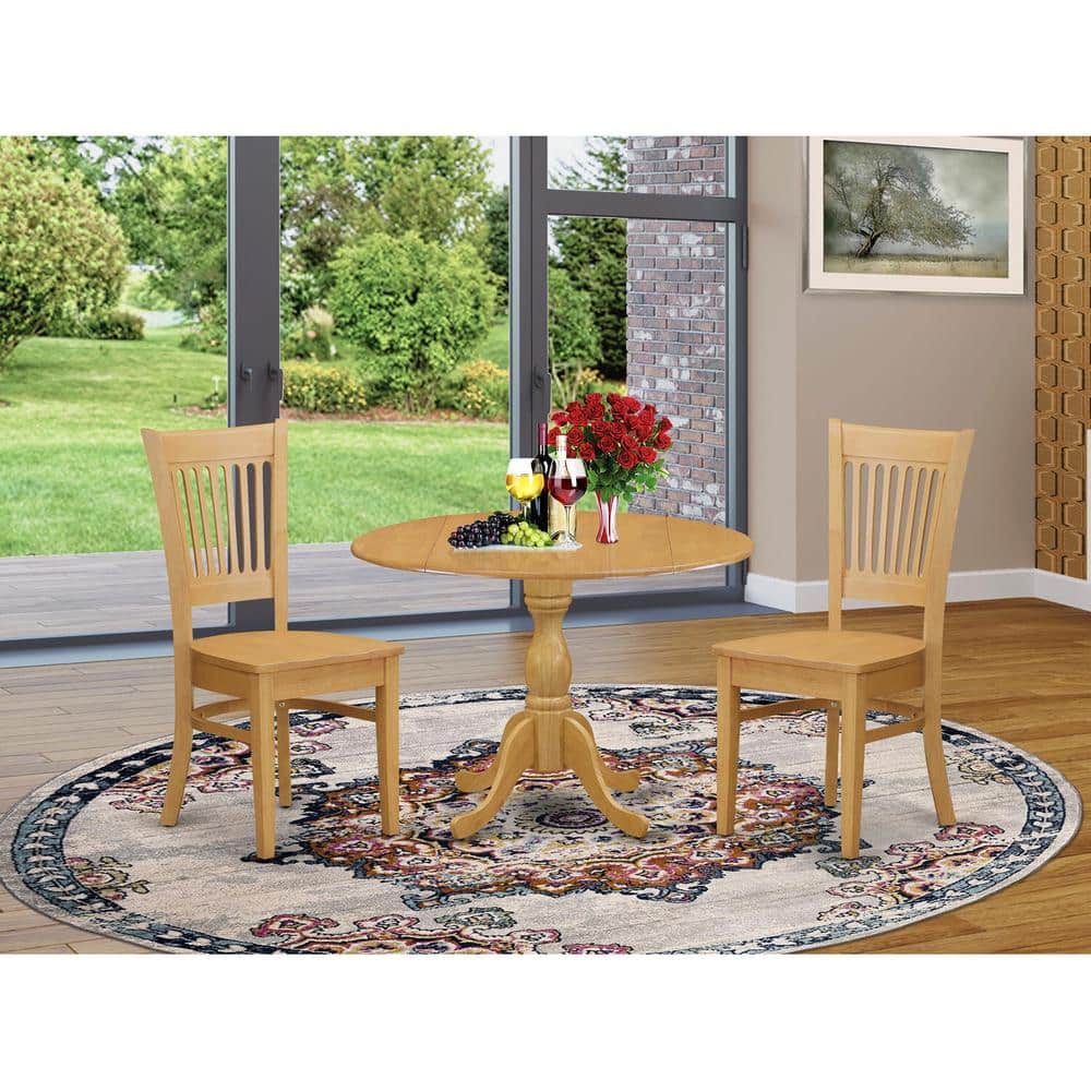 Oak Finish Round Dining Table with 2 Slatted Back Chairs
